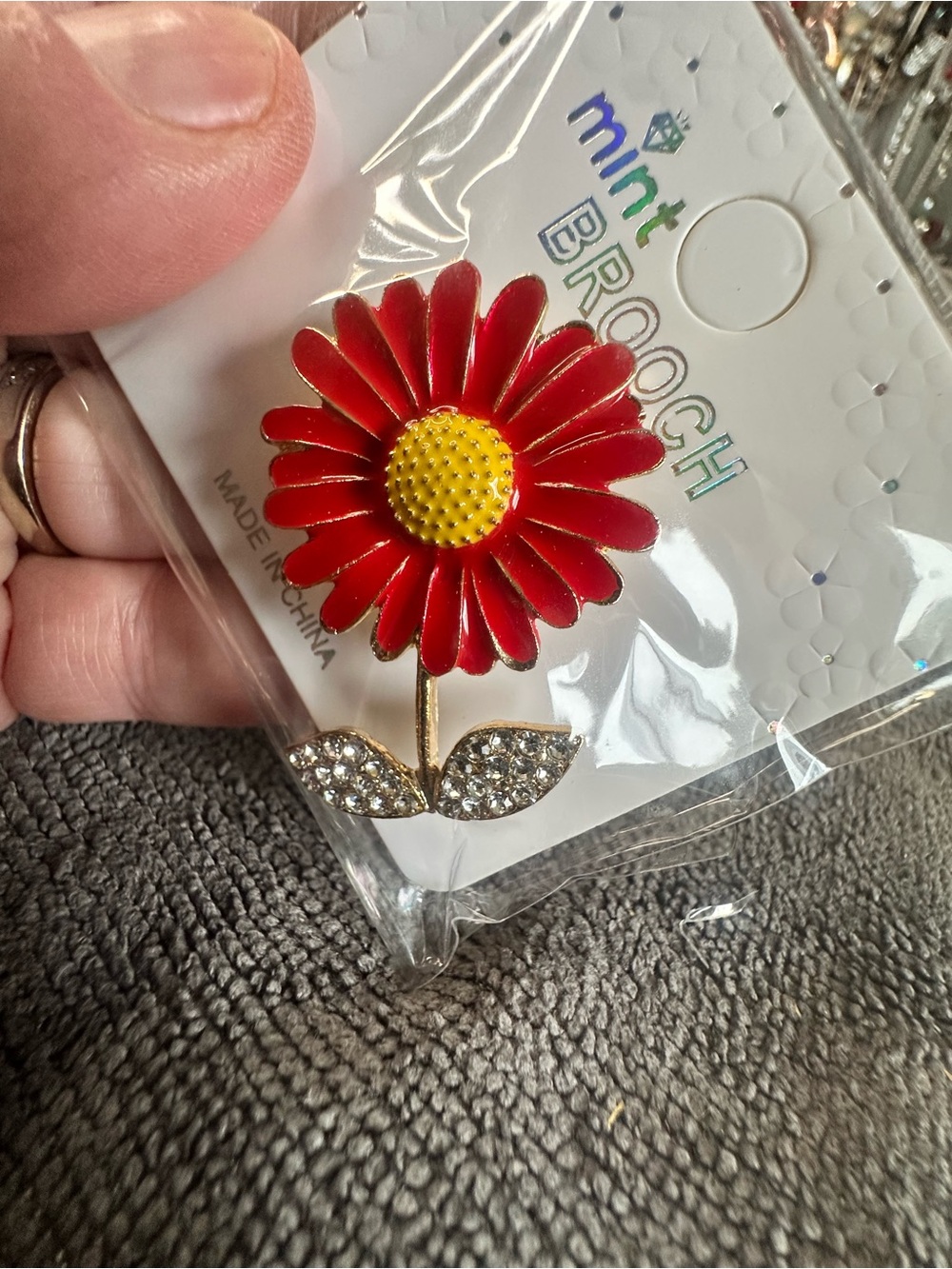 Mint Red Daisy Brooch with Yellow Center and Crystal Leaves